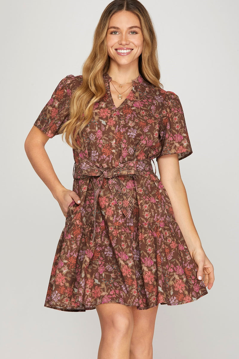 Athena Floral Waist Tie Dress, Brown
