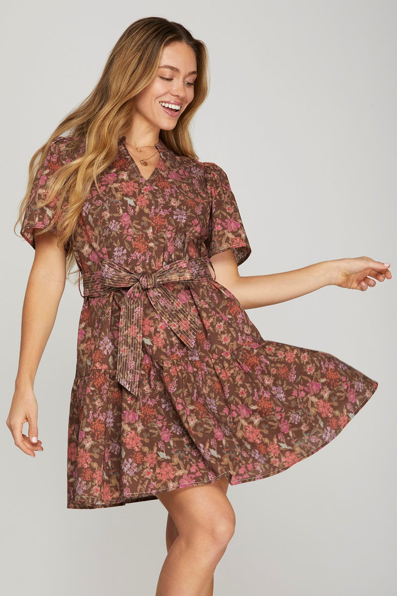 Athena Floral Waist Tie Dress, Brown