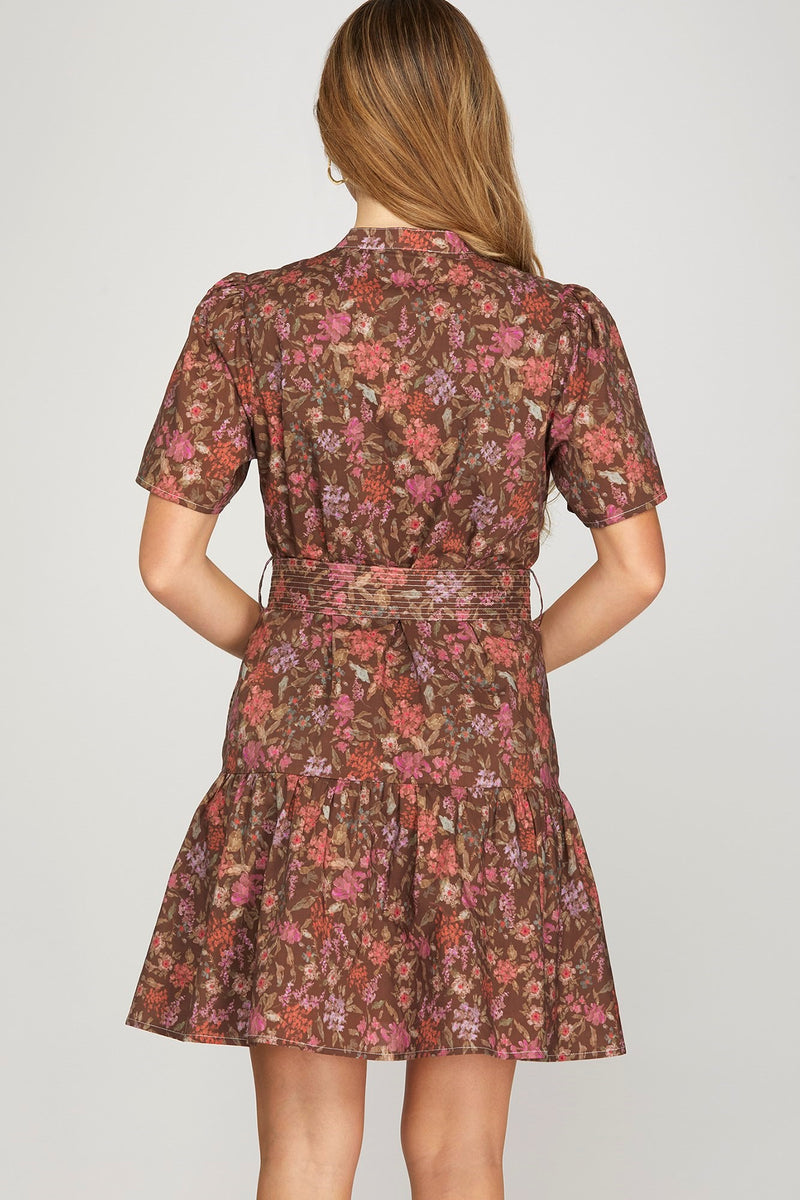 Athena Floral Waist Tie Dress, Brown