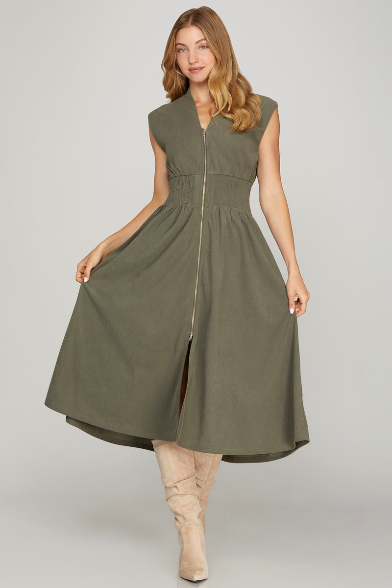 Audrey Drop Shoulder Corduroy Dress, Olive