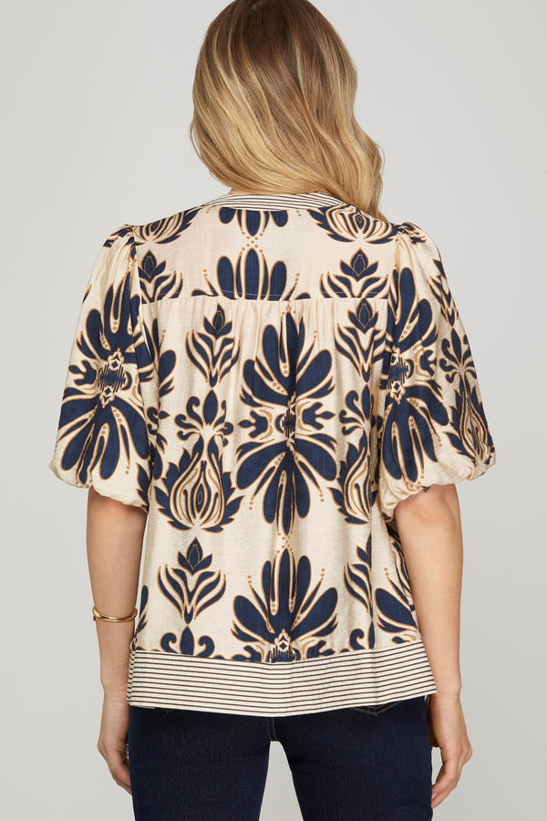 Arabella Bubble Sleeve Printed Top, Navy