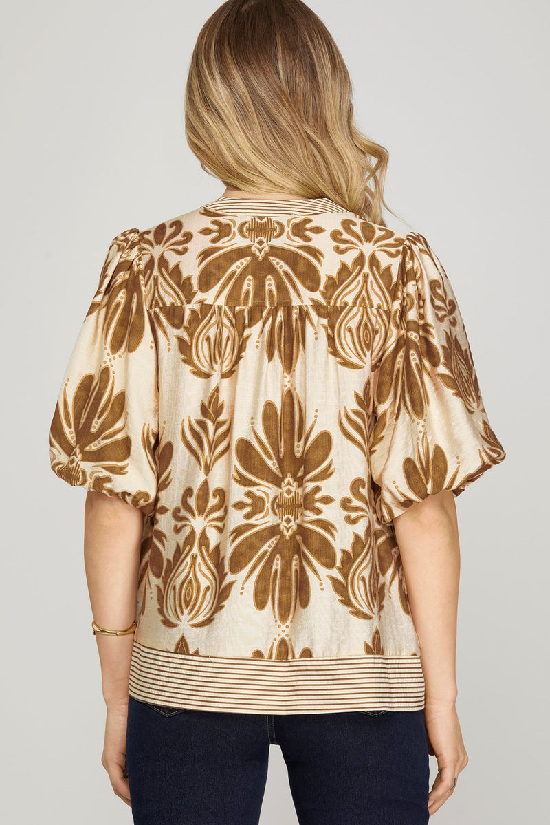 Arabella Bubble Sleeve Printed Top, Camel
