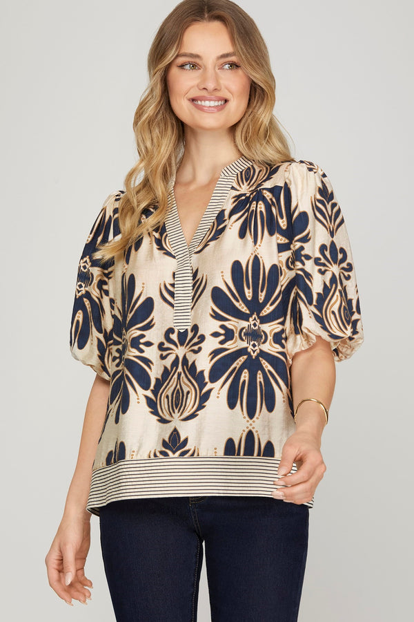 Arabella Bubble Sleeve Printed Top, Navy
