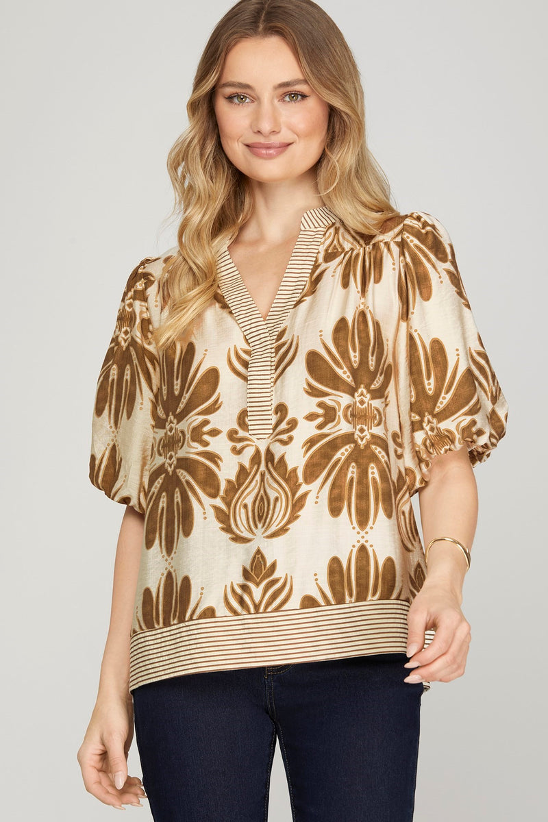 Arabella Bubble Sleeve Printed Top, Camel