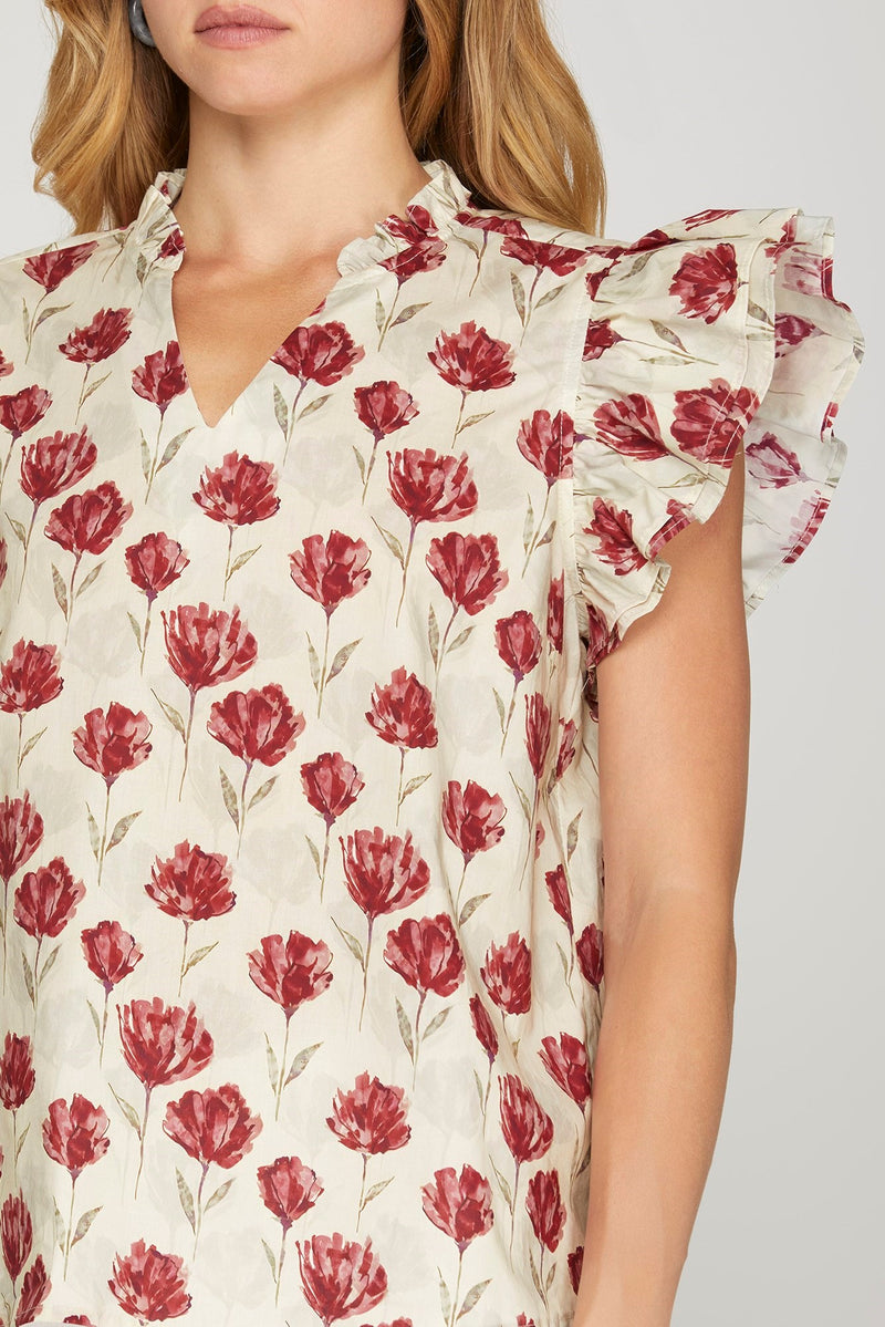 Diana Ruffled Sleeve Floral Top, Red
