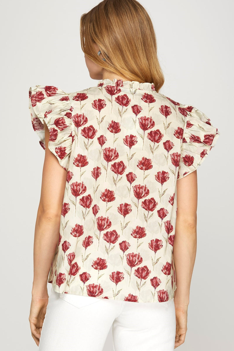 Diana Ruffled Sleeve Floral Top, Red