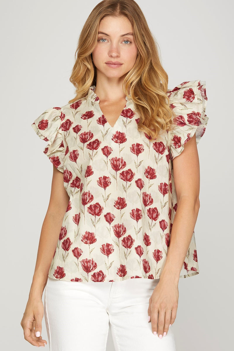 Diana Ruffled Sleeve Floral Top, Red