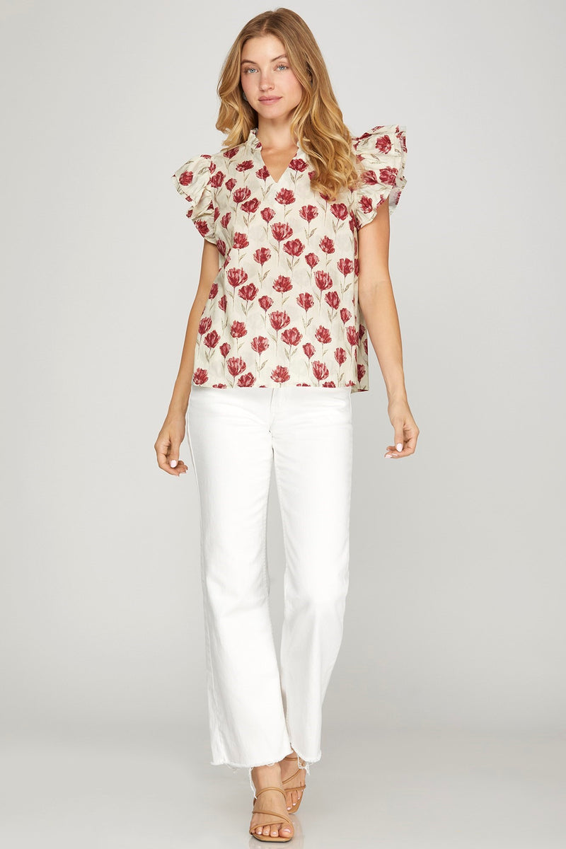 Diana Ruffled Sleeve Floral Top, Red