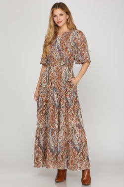 Valerie Half Flutter Sleeve Maxi Dress, Cinnamon