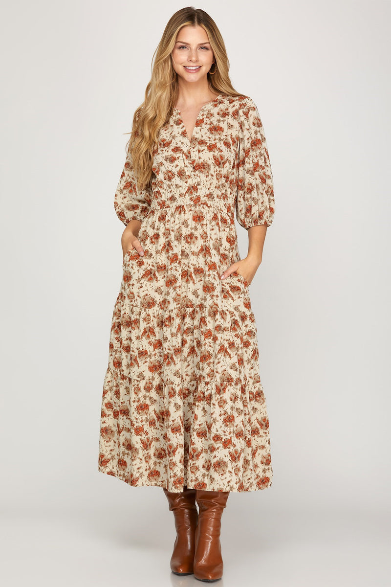 Arya Split Neck Printed Dress, Cream/Rust