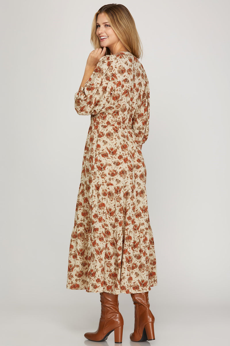 Arya Split Neck Printed Dress, Cream/Rust