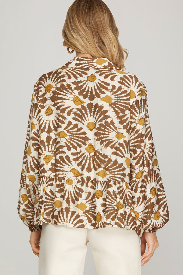 Katherine Printed Button Down Top, Light Mocha