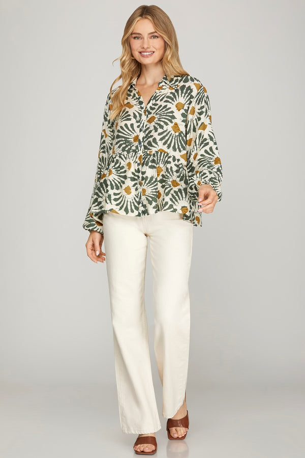 Katherine Printed Button Down Top, Olive