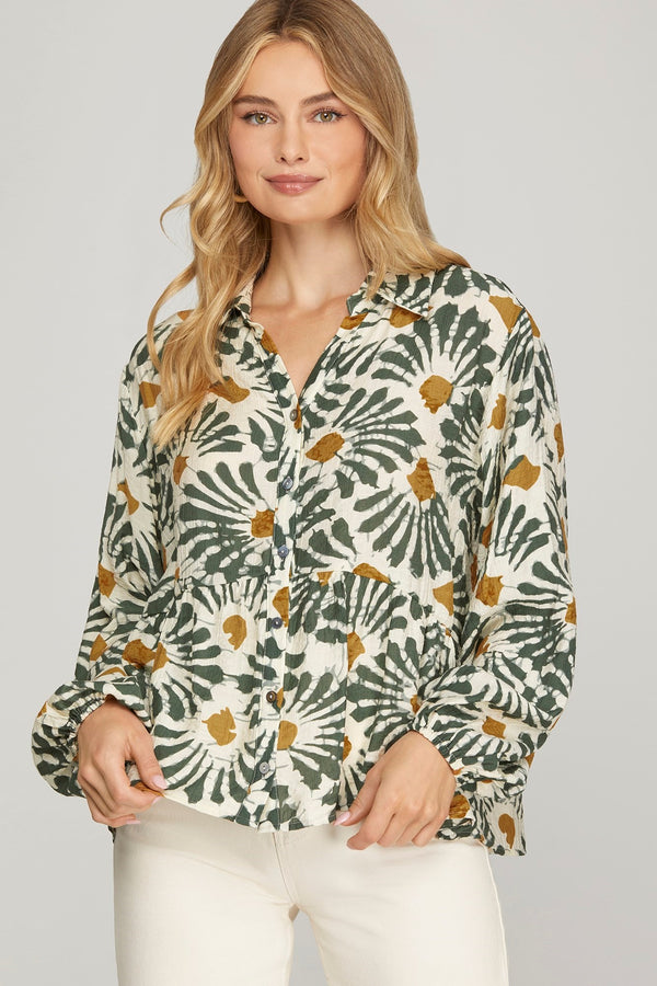Katherine Printed Button Down Top, Olive