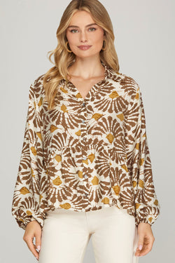 Katherine Printed Button Down Top, Light Mocha
