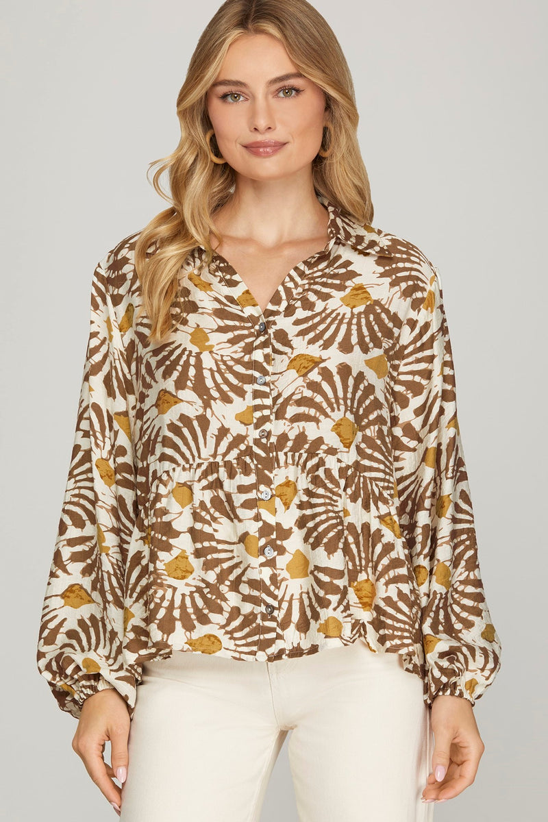 Katherine Printed Button Down Top, Light Mocha