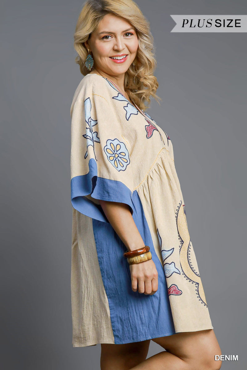 Avayah Boho Embroidered Kaftan Dress, Denim | Extended Sizes