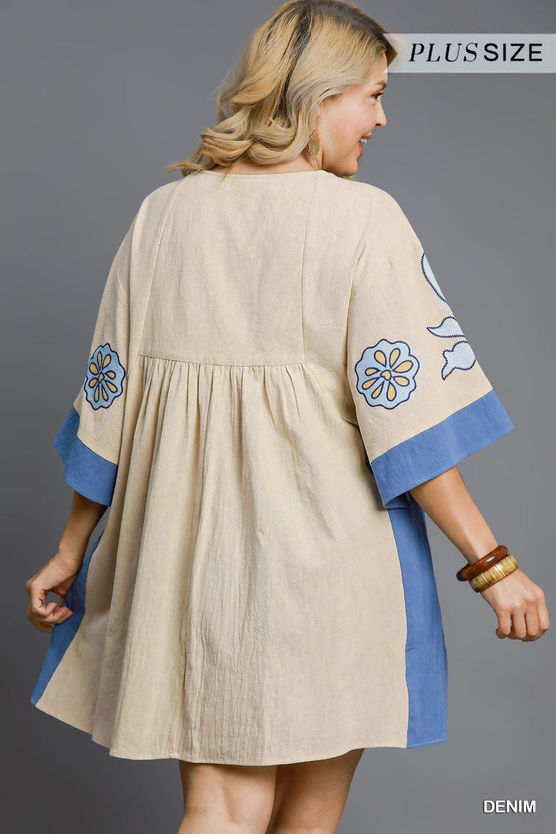 Avayah Boho Embroidered Kaftan Dress, Denim | Extended Sizes