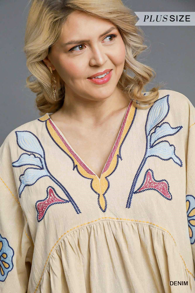 Avayah Boho Embroidered Kaftan Dress, Denim | Extended Sizes