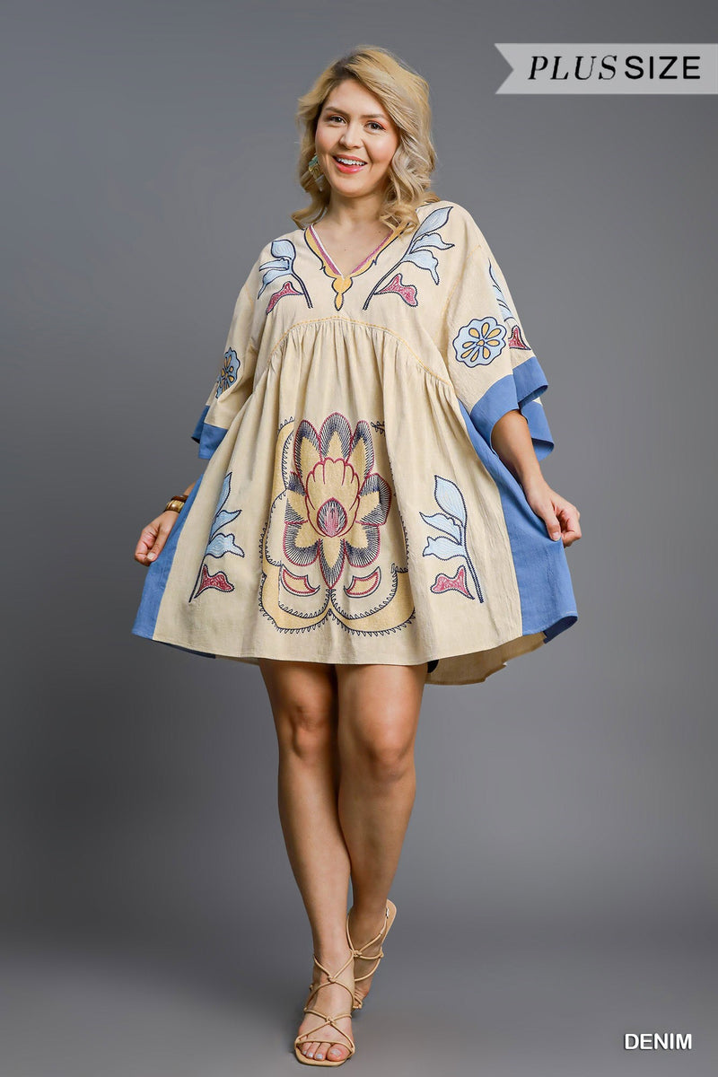 Avayah Boho Embroidered Kaftan Dress, Denim | Extended Sizes