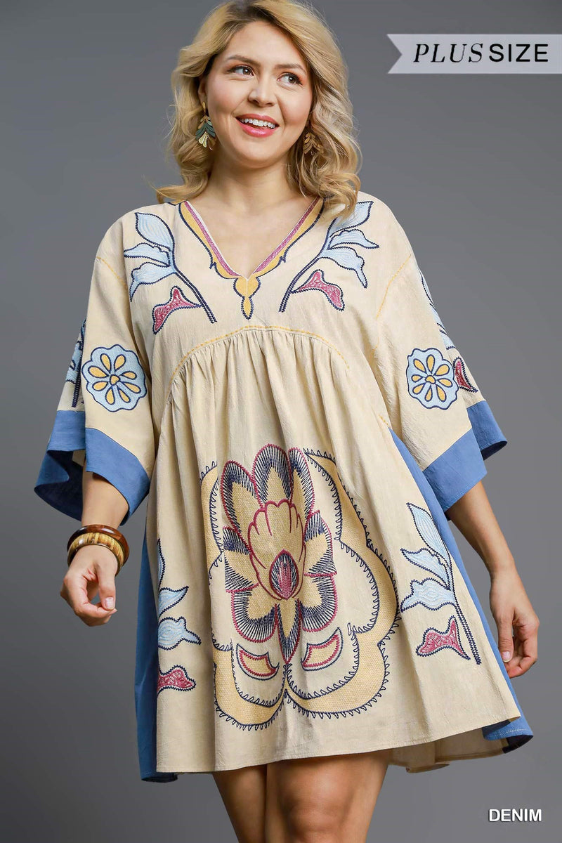 Avayah Boho Embroidered Kaftan Dress, Denim | Extended Sizes
