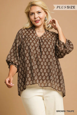 Amaya Floral Block Print Blouse, Brown/Taupe | Extended Sizes