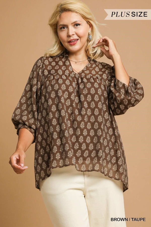 Amaya Floral Block Print Blouse, Brown/Taupe | Extended Sizes