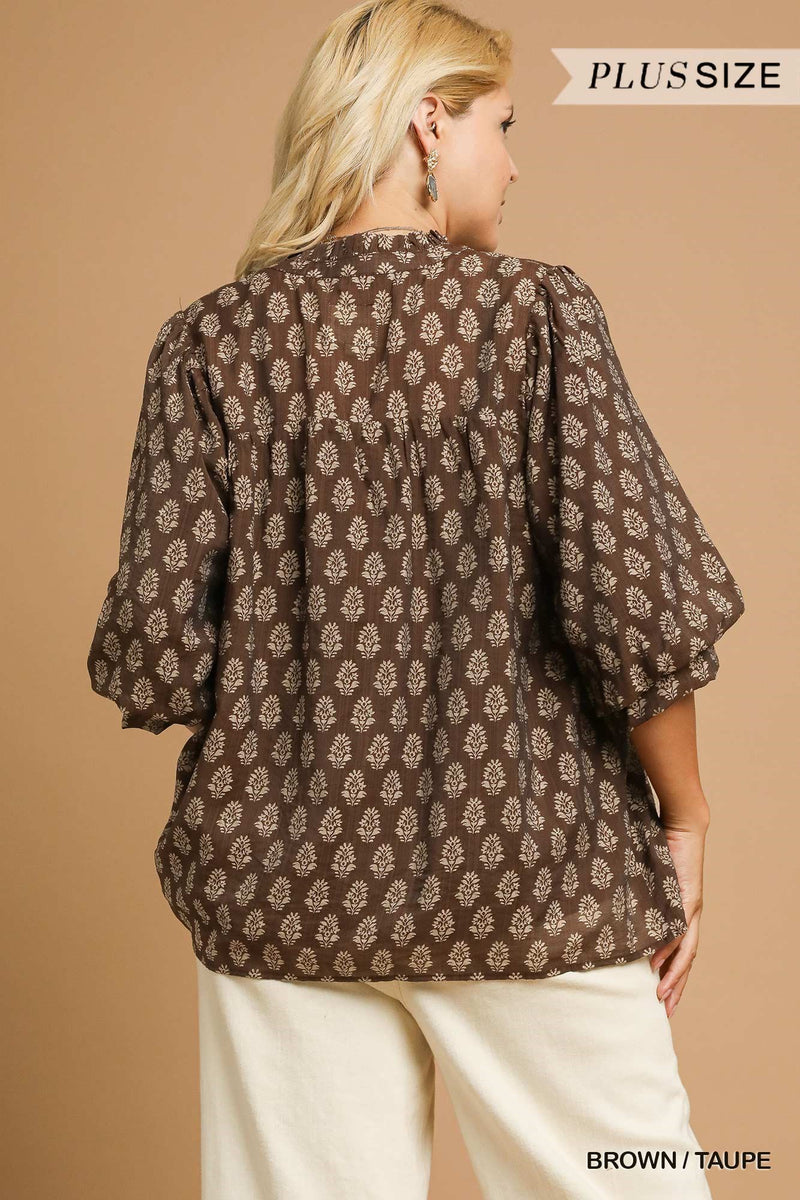 Amaya Floral Block Print Blouse, Brown/Taupe | Extended Sizes