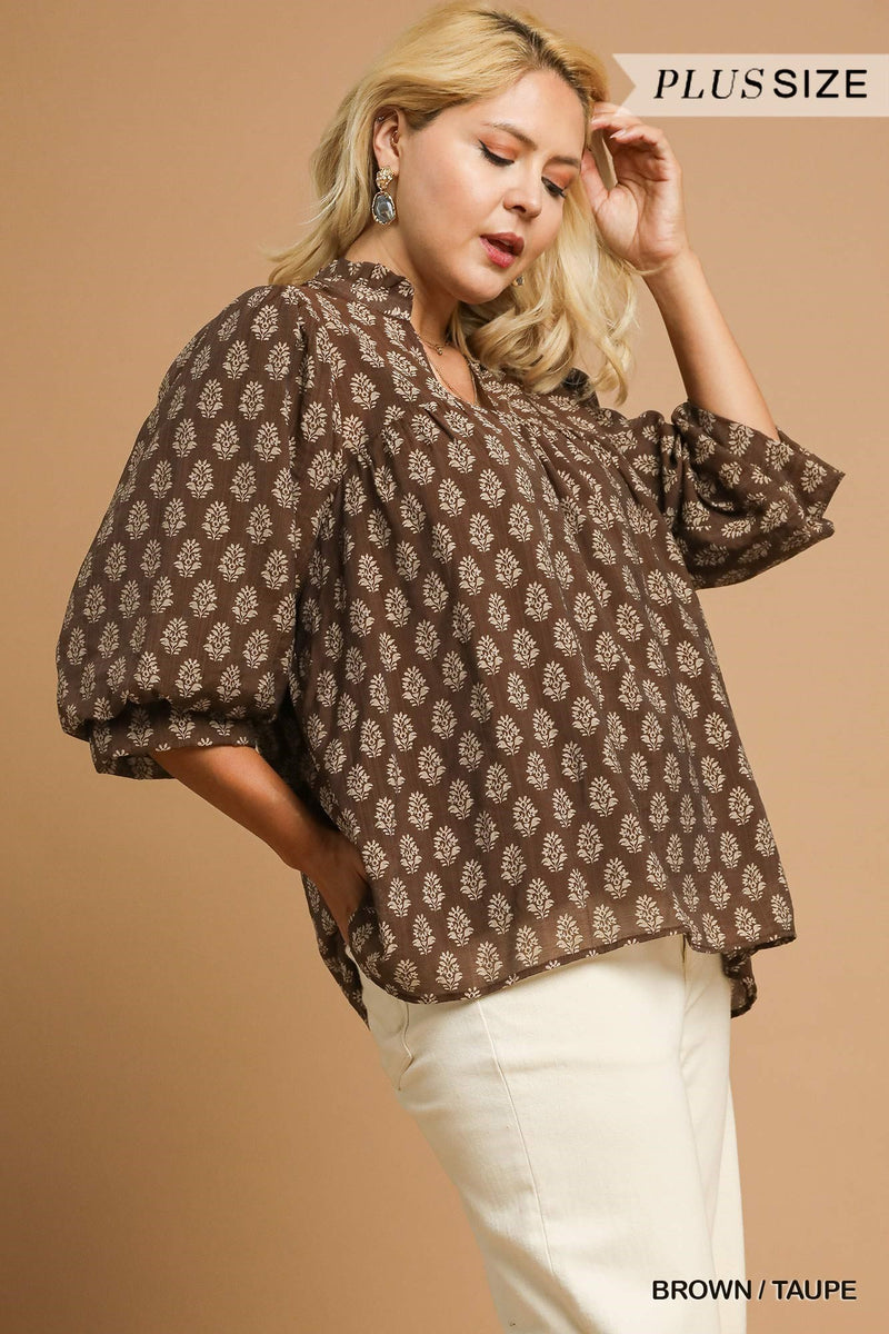 Amaya Floral Block Print Blouse, Brown/Taupe | Extended Sizes