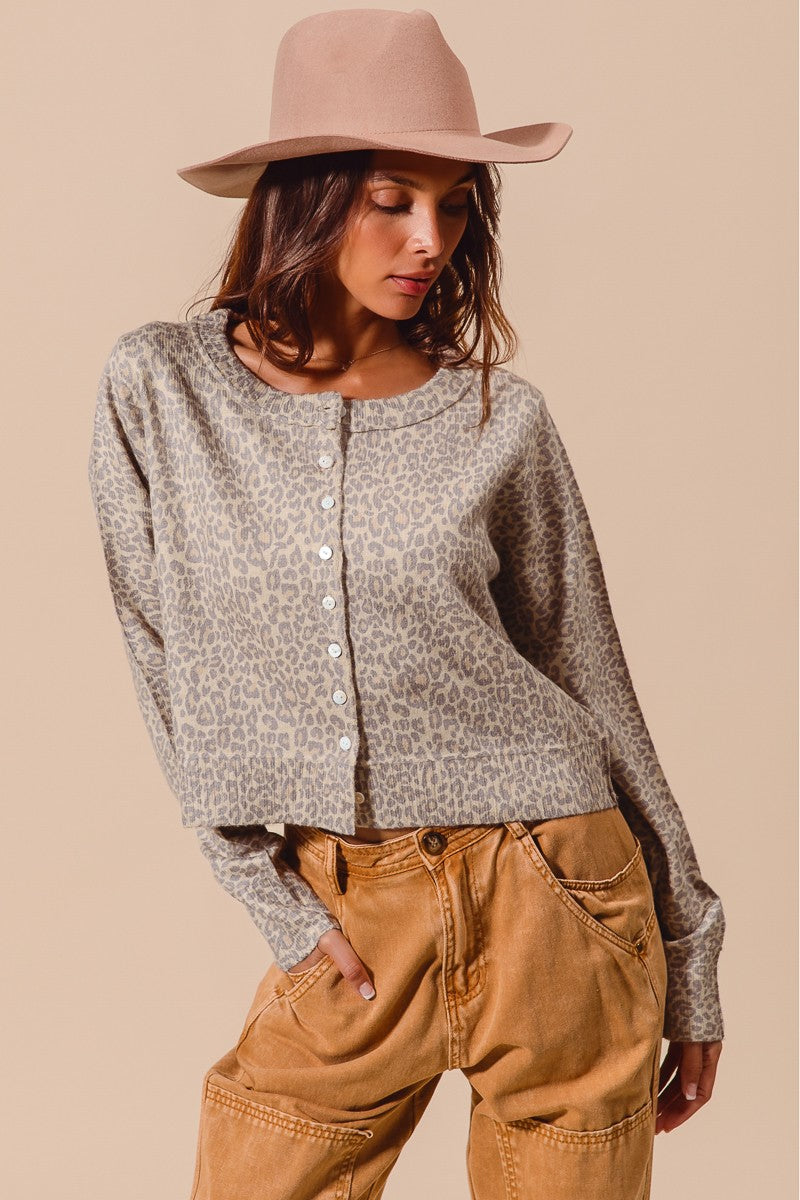 April Leopard Sweater Cardigan, Vintage Oatmeal