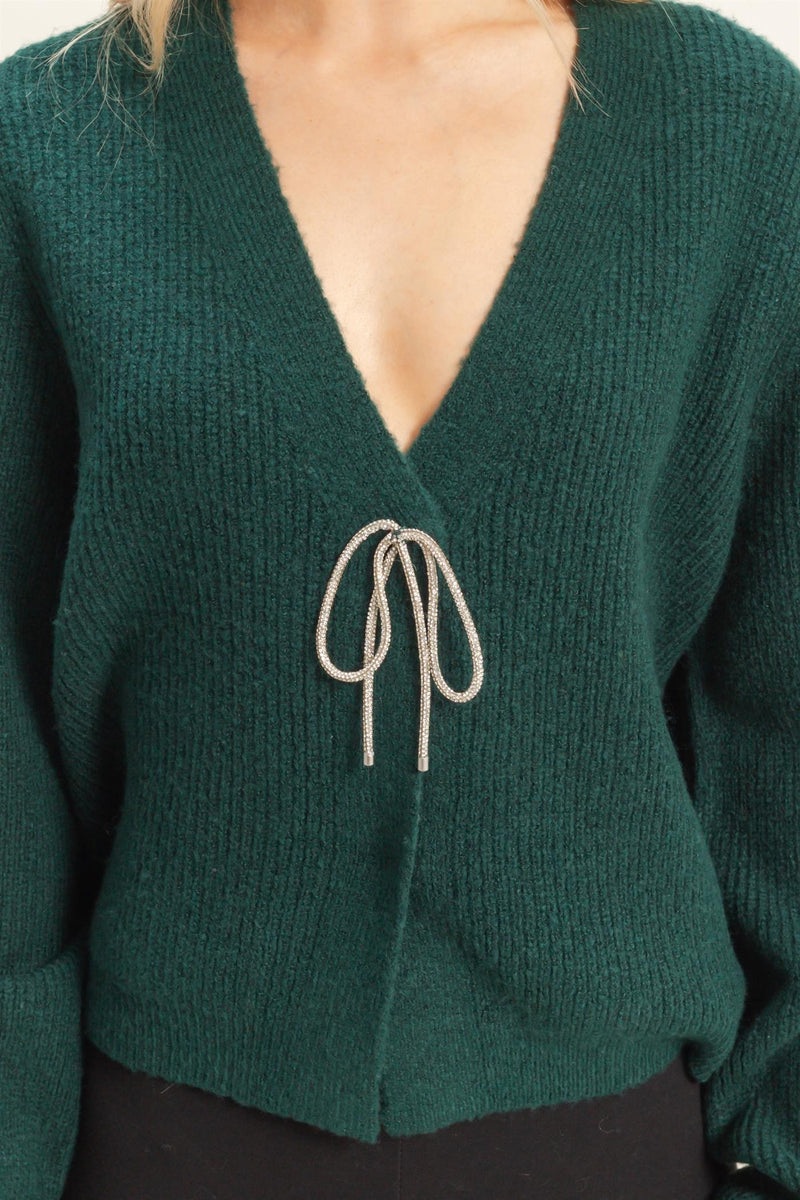 Marie Sparkly Bow Cardigan, Dark Green
