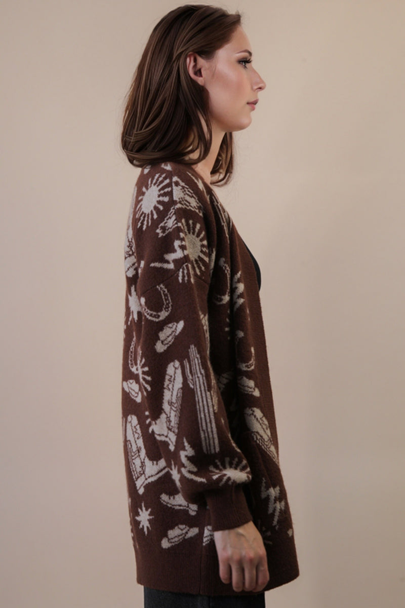 Alina Oversized Western Print Cardigan, Chocolate
