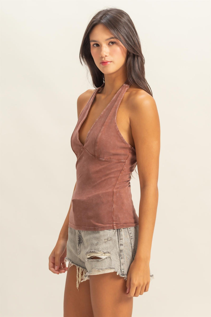 Kaeli Halter Neck Bust Seam Top, Chestnut