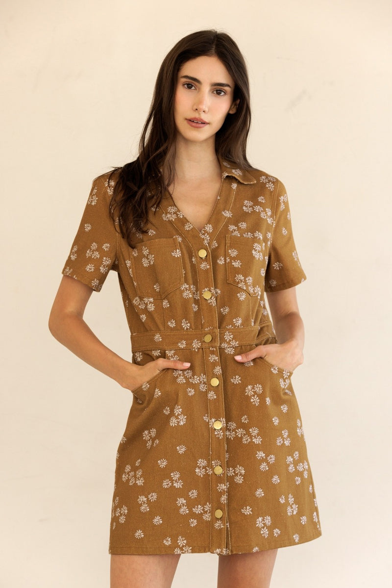 Susannah Collared Shirt Dress, Dark Mustard/Ivory Floral