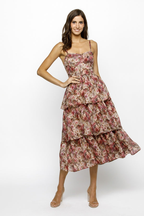Scottie Tiered Ruffle Dress, Beige/Pink Floral