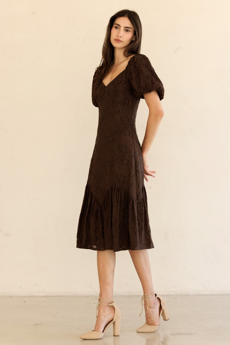 Ana Mesh Flower Midi Dress, Brown