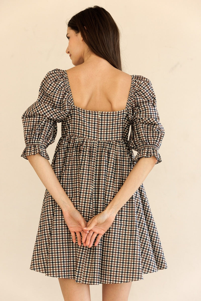 Rumi Square Neck Plaid Mini Dress, Navy/Brown