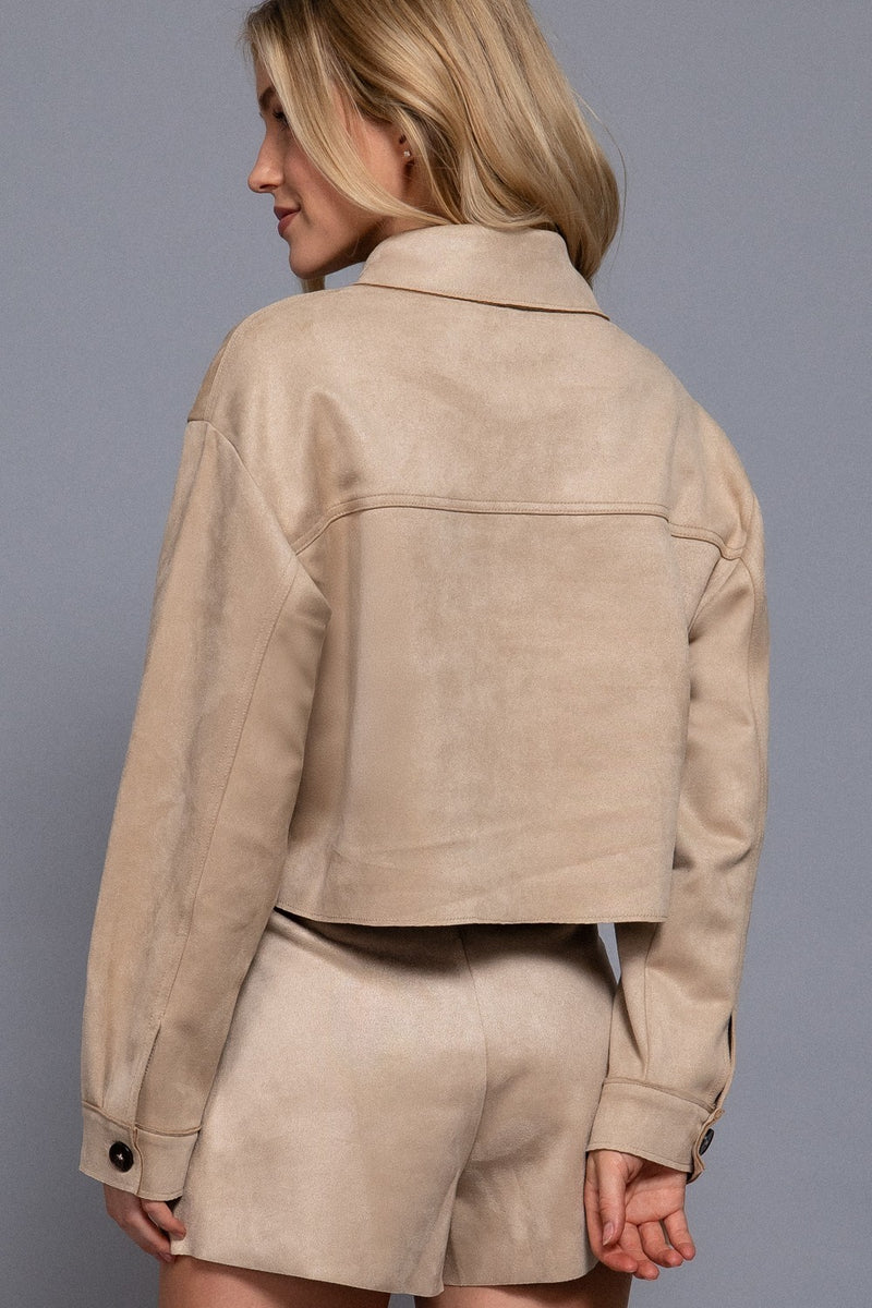 Monet Faux Suede Short Jacket, Sand Taupe