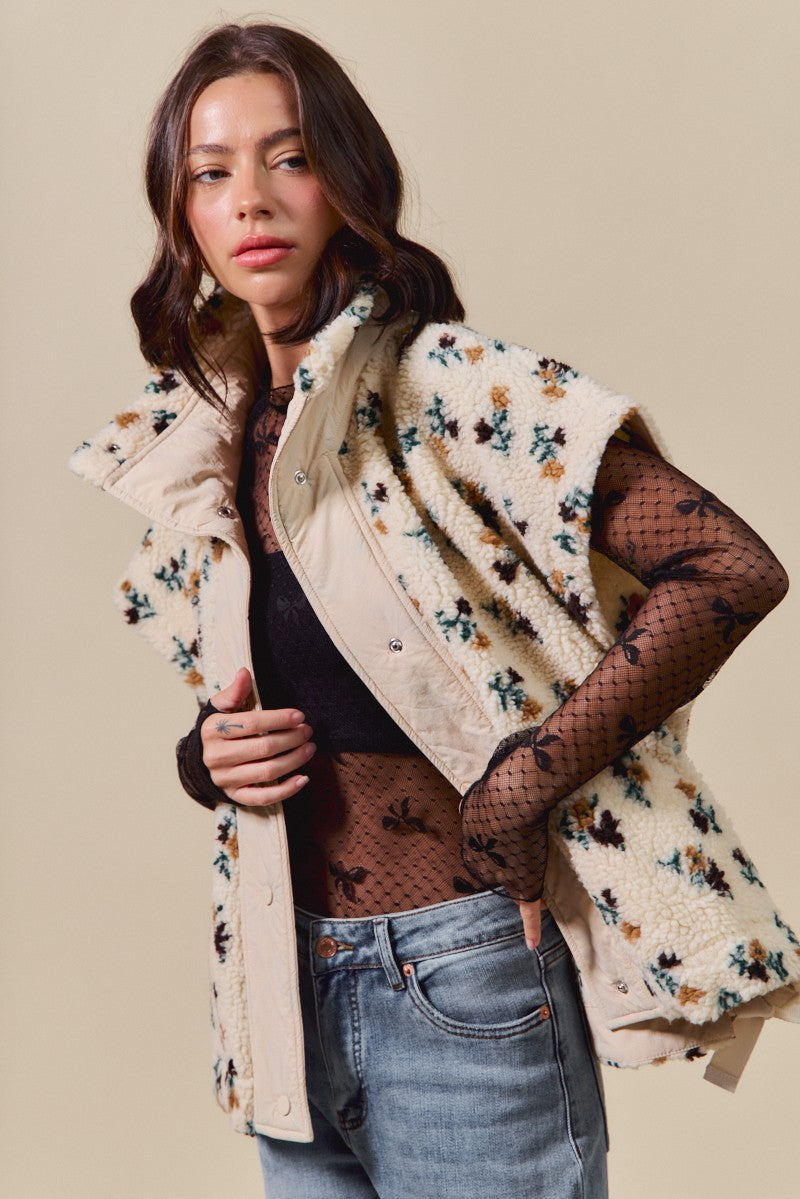 Naomi Floral Oversized Sherpa Vest, Ivory Multi