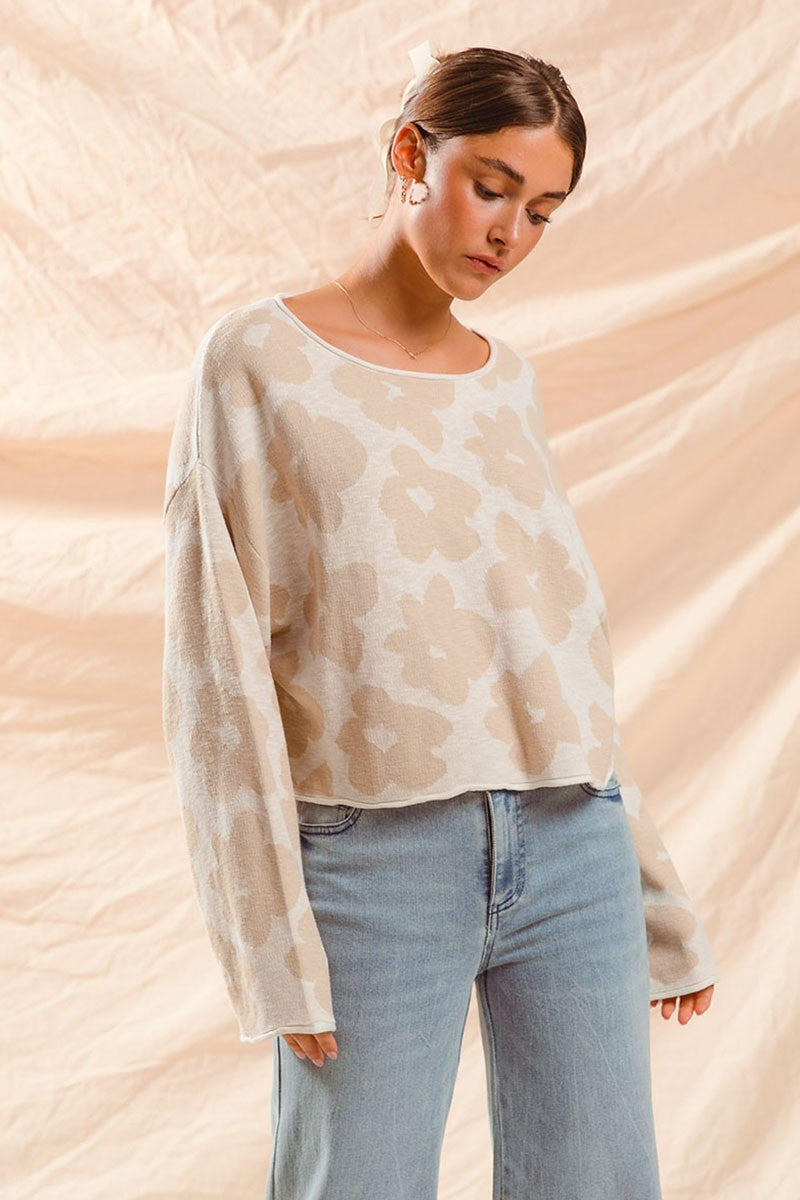 Shiloh Loose Fit Flower Sweater, Oatmeal/Ivory