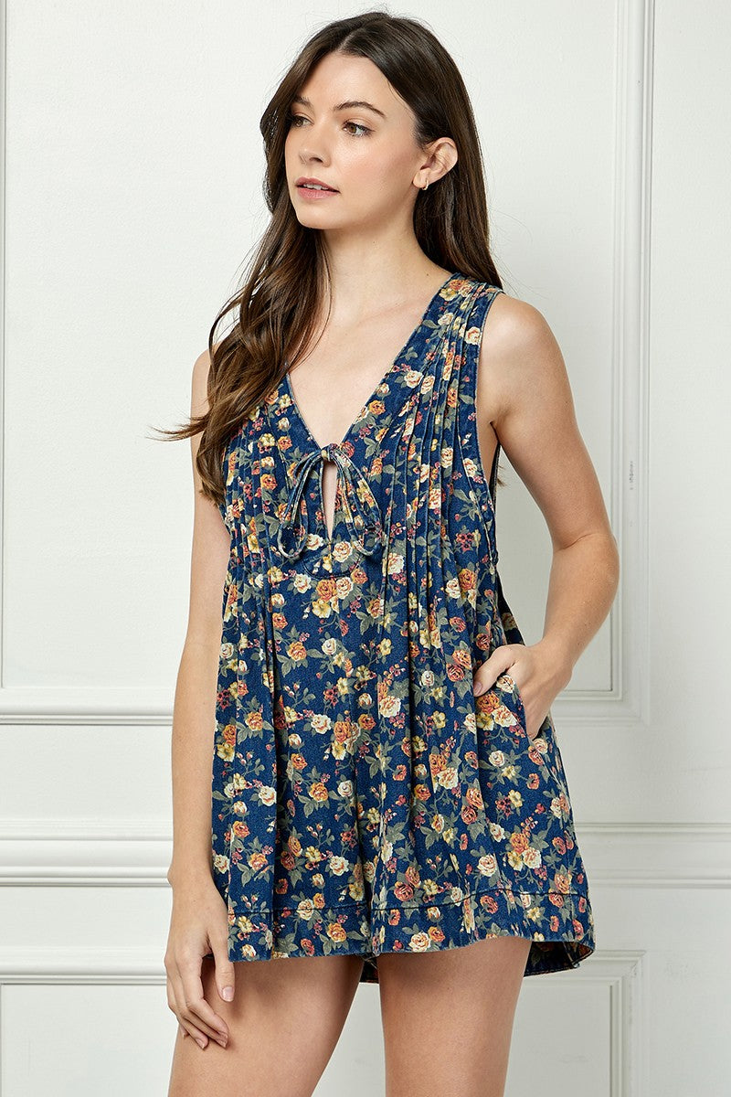 Celina Floral Pleated V-Neck Romper, Peach Combo