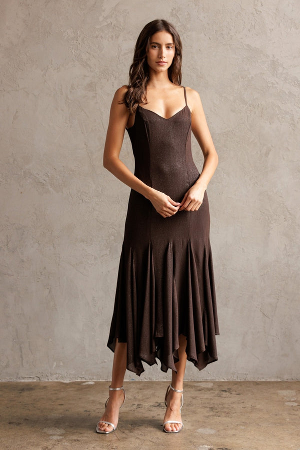 Phoebe Shimmering Asymmetric Hem Dress, Brown
