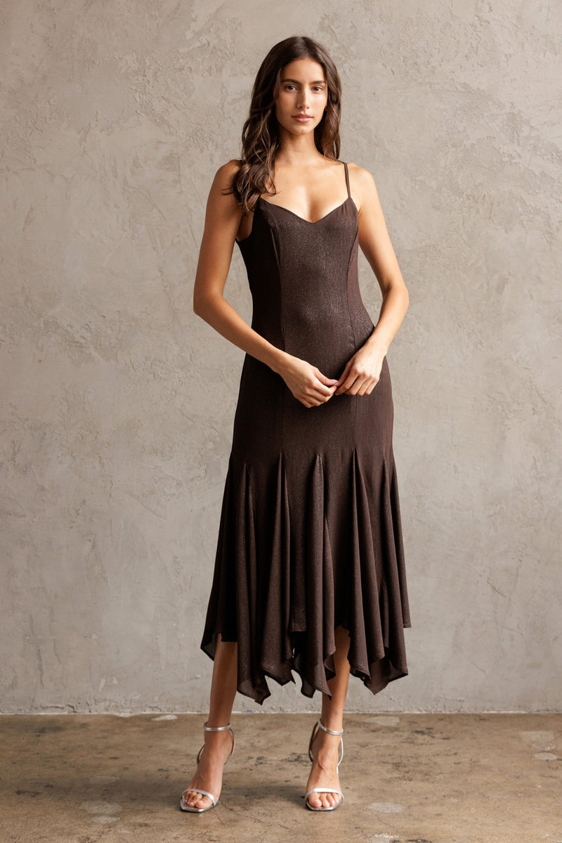 Phoebe Shimmering Asymmetric Hem Dress, Brown