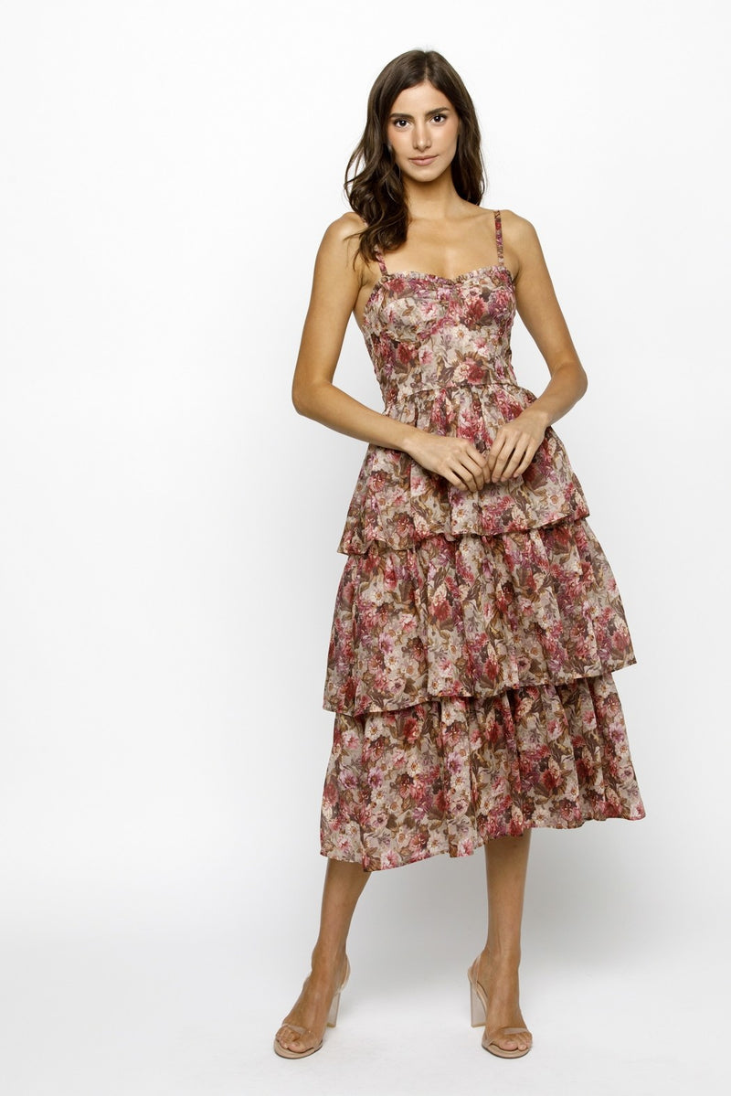 Scottie Tiered Ruffle Dress, Beige/Pink Floral