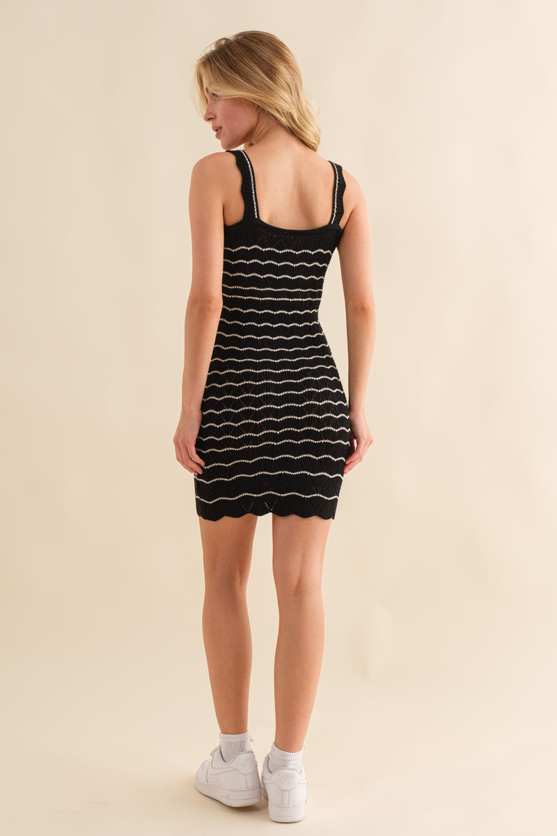 Inspiration Crochet Knit Dress, Black Stripe