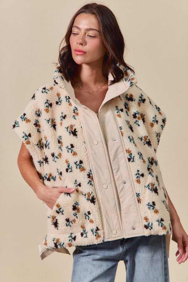 Naomi Floral Oversized Sherpa Vest, Ivory Multi