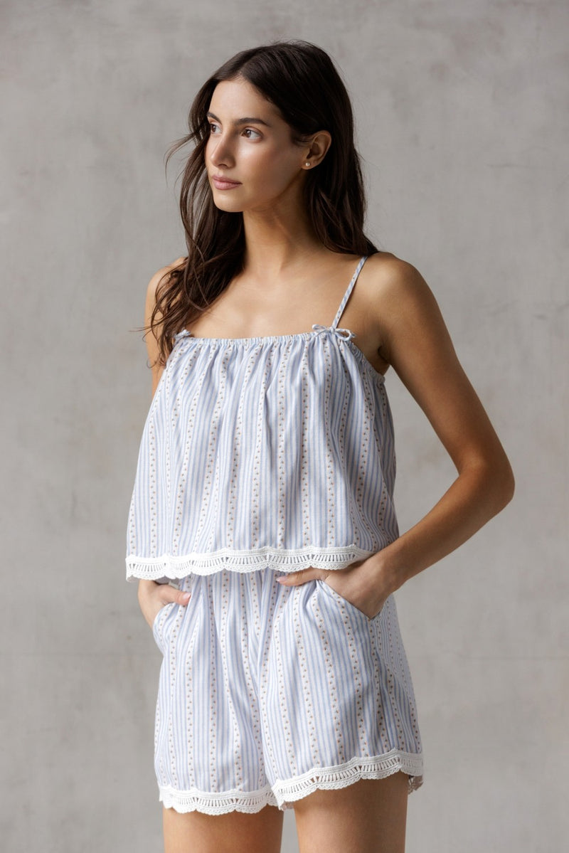 Sofia Floral Pinstripe Lace Hem Shorts, Blue/White/Orange