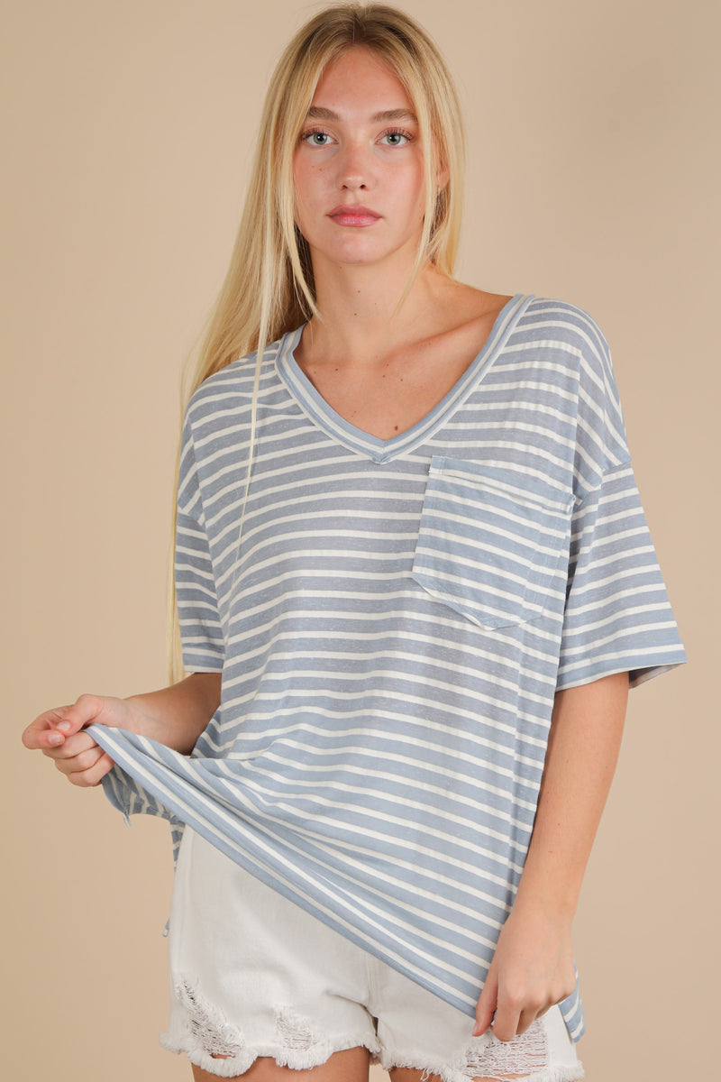 Tiana Raw Edge Striped Top, Sky