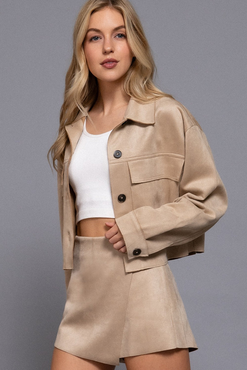 Monet Faux Suede Short Jacket, Sand Taupe