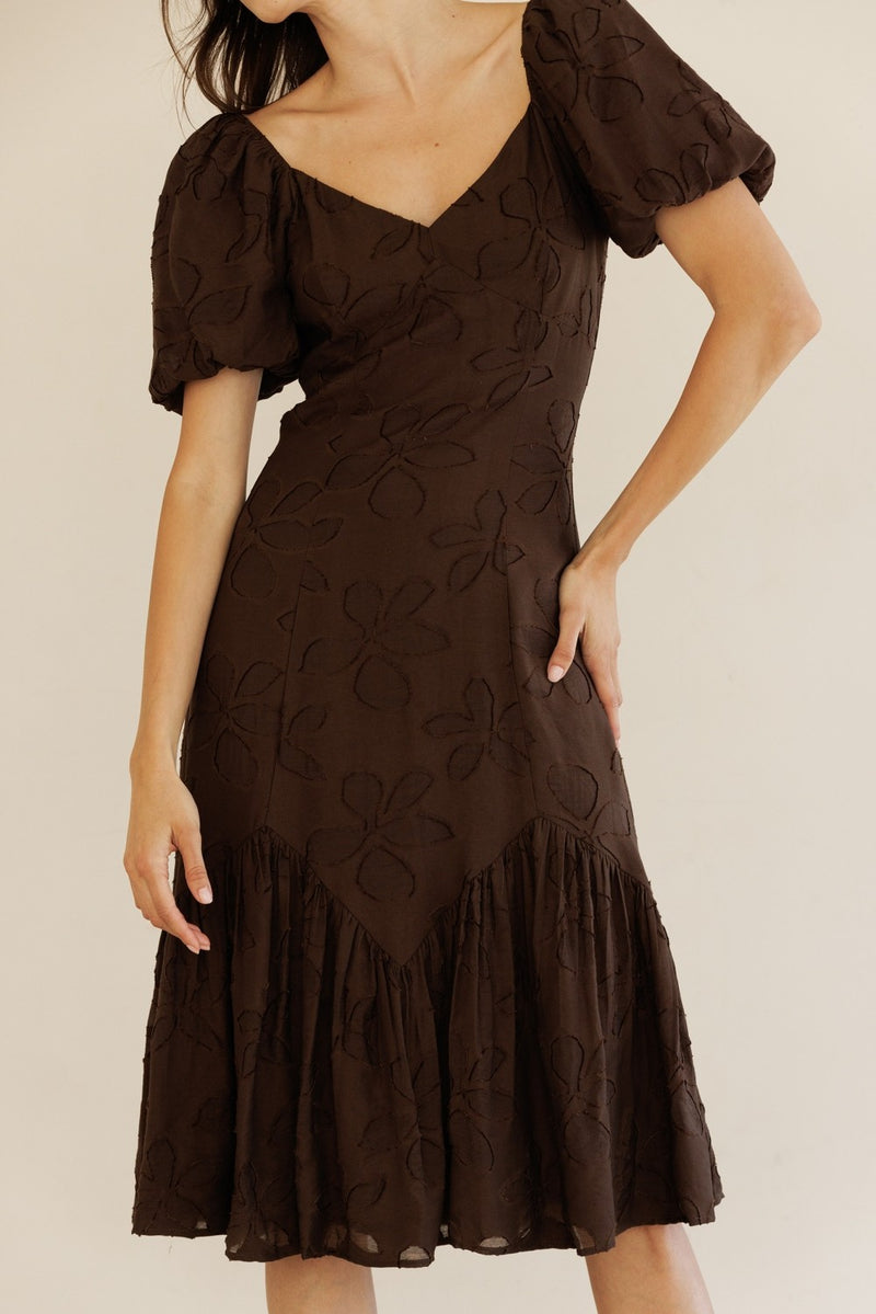 Ana Mesh Flower Midi Dress, Brown